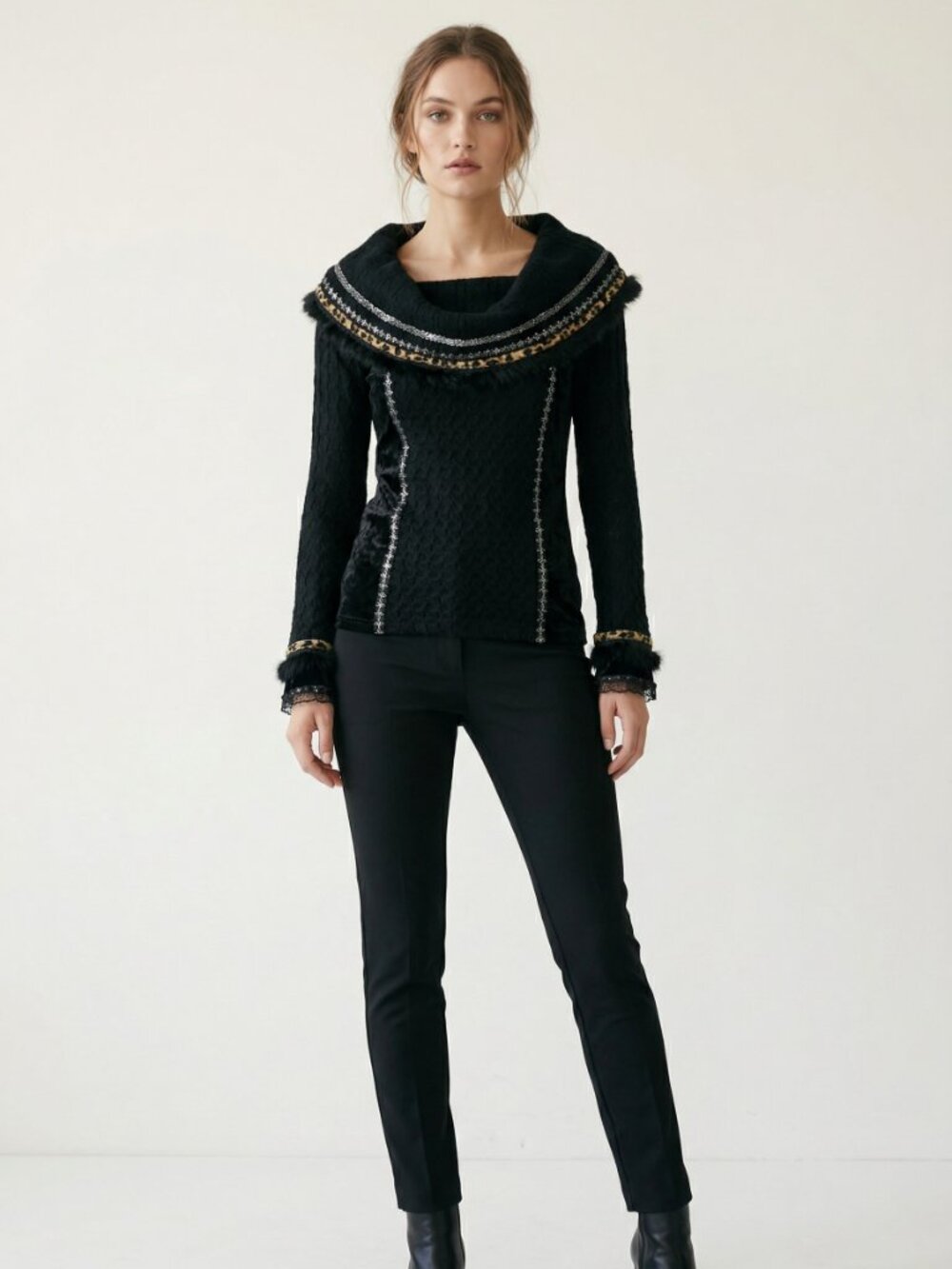 NWT Buffalo David Bitton Y2K Goth Velvet Knit Fur Trim Top